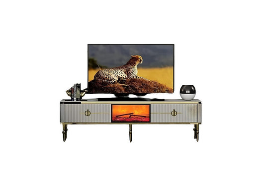 Mesa de TV con chimenea digital ASEL - COLOR BLANCO CON DETALLES EN DORADO