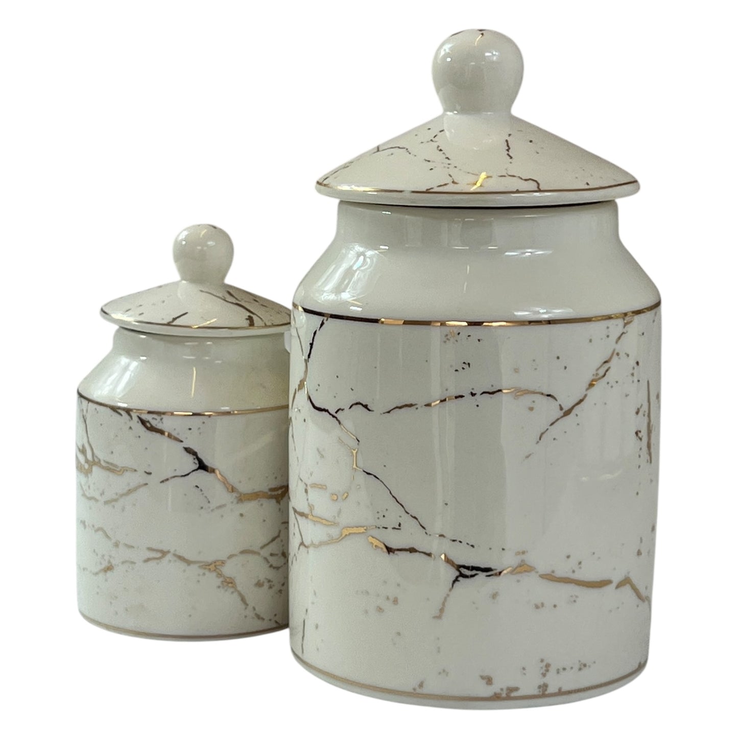Set de 7 Botes de Cocina Mármol Blanco con Detalles Dorados – Elegancia y Orden