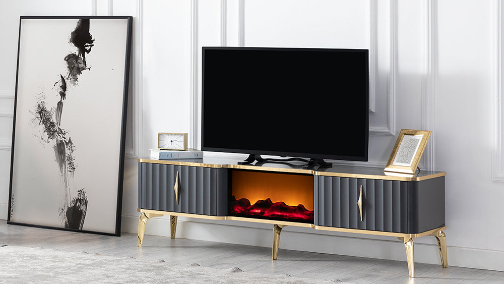 Móvel TV com lareira digital - PRETO E DOURADO