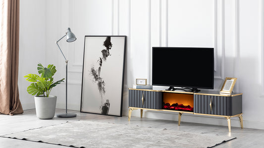 Mesa de TV con chimenea digital - NEGRO Y DORADO