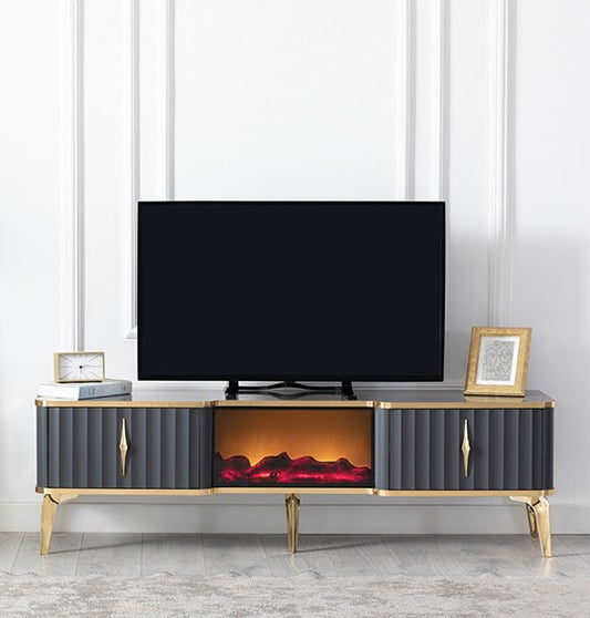 Mesa de TV con chimenea digital - NEGRO Y DORADO