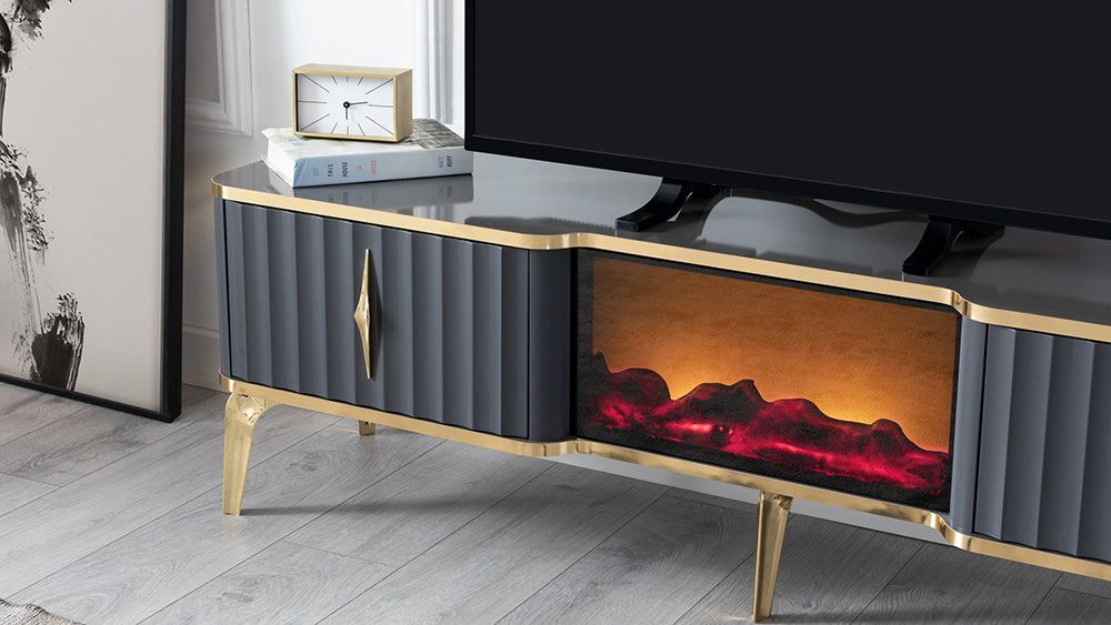 Móvel TV com lareira digital - PRETO E DOURADO