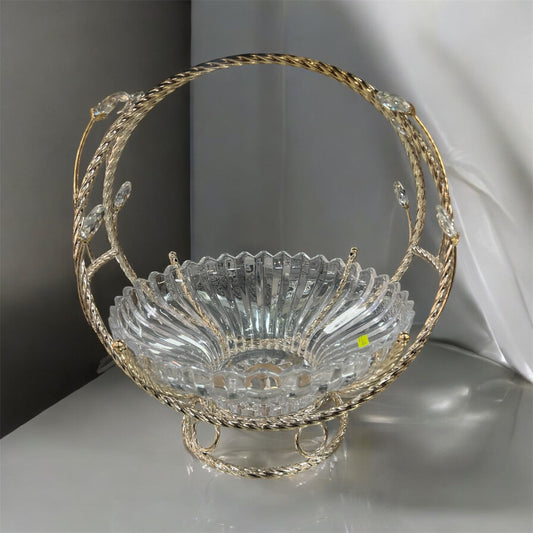 Frutero de Cristal con Asa Dorada y Detalles Decorativos – 28 cm