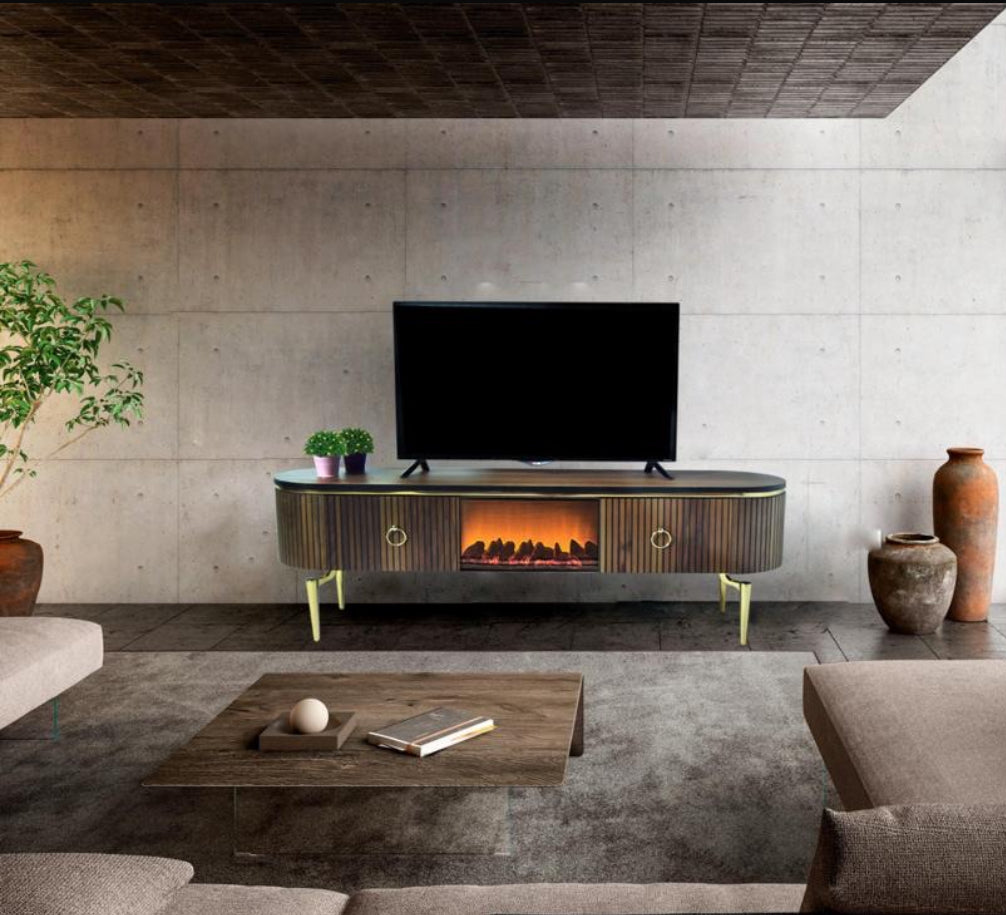 TV table with digital fireplace - WOOD