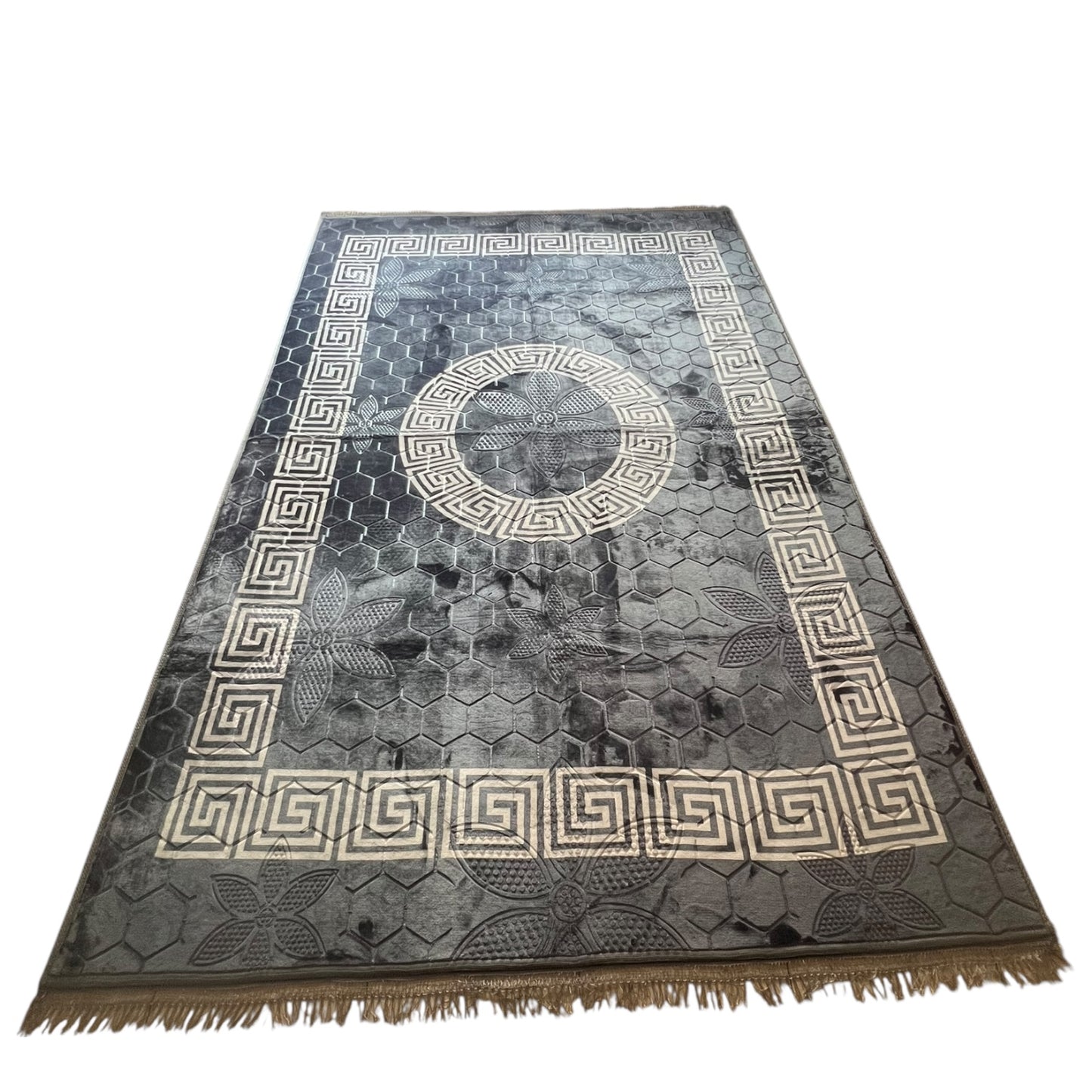 Alfombra Clásica Gris con Cenefa Negra de Inspiración Oriental – Estilo Árabe