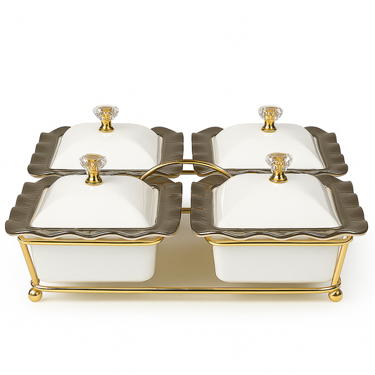 Set de 4 Recipientes con Tapa y Bandeja Dorada – Diseño Ondulado con Perilla Cristalina