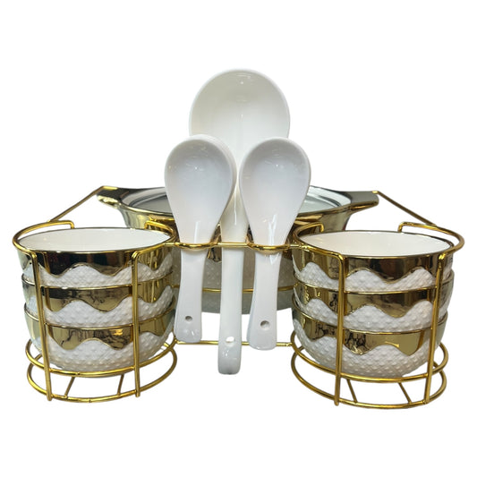 Set de Cocina 16 Piezas con Soporte Metálico – Cazuelas + Cuencos + Cucharas – Estilo Elegante Dorado