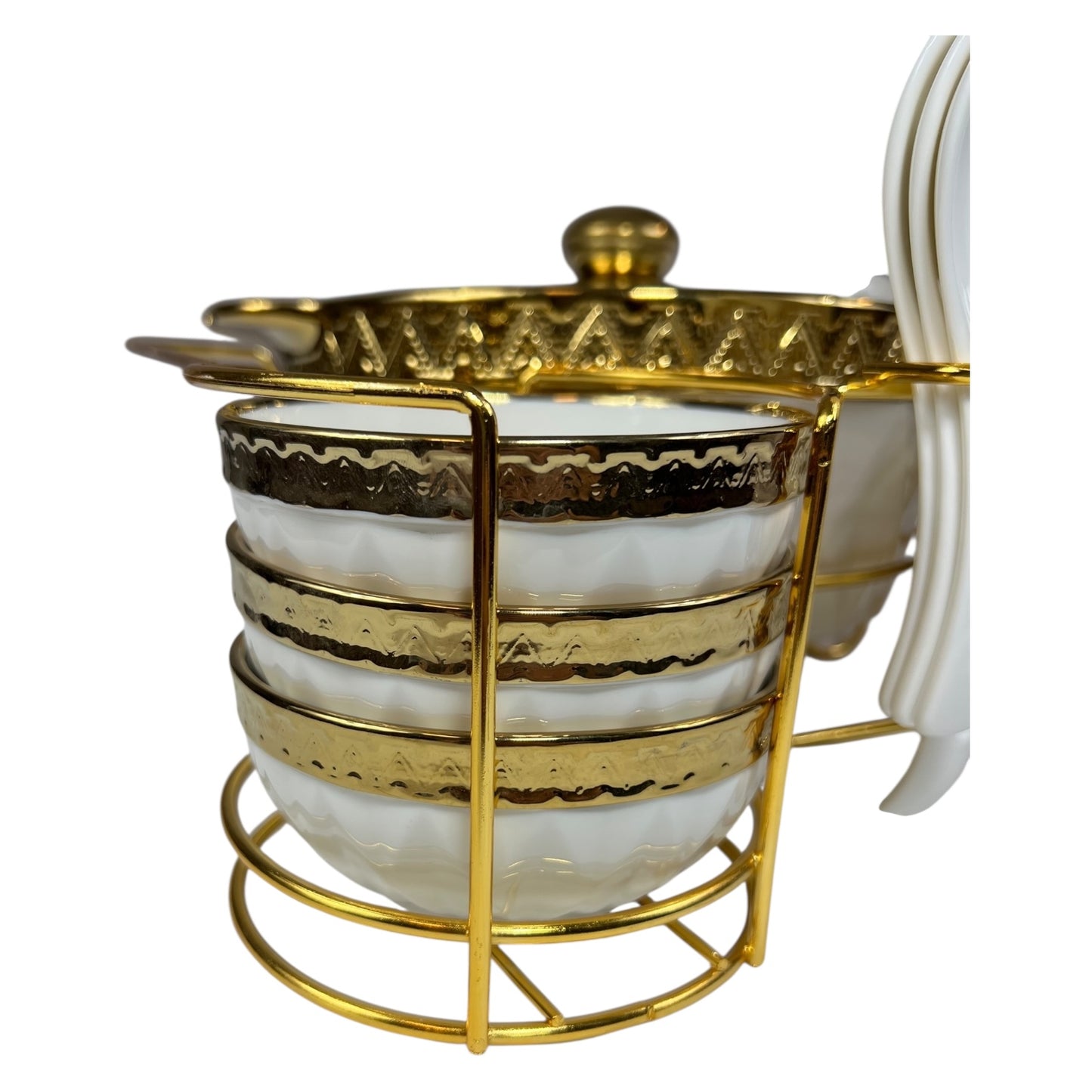 Conjunto de cozinha de 16 peças com suporte de metal – Caçarolas + Tigelas + Colheres – Estilo dourado elegante