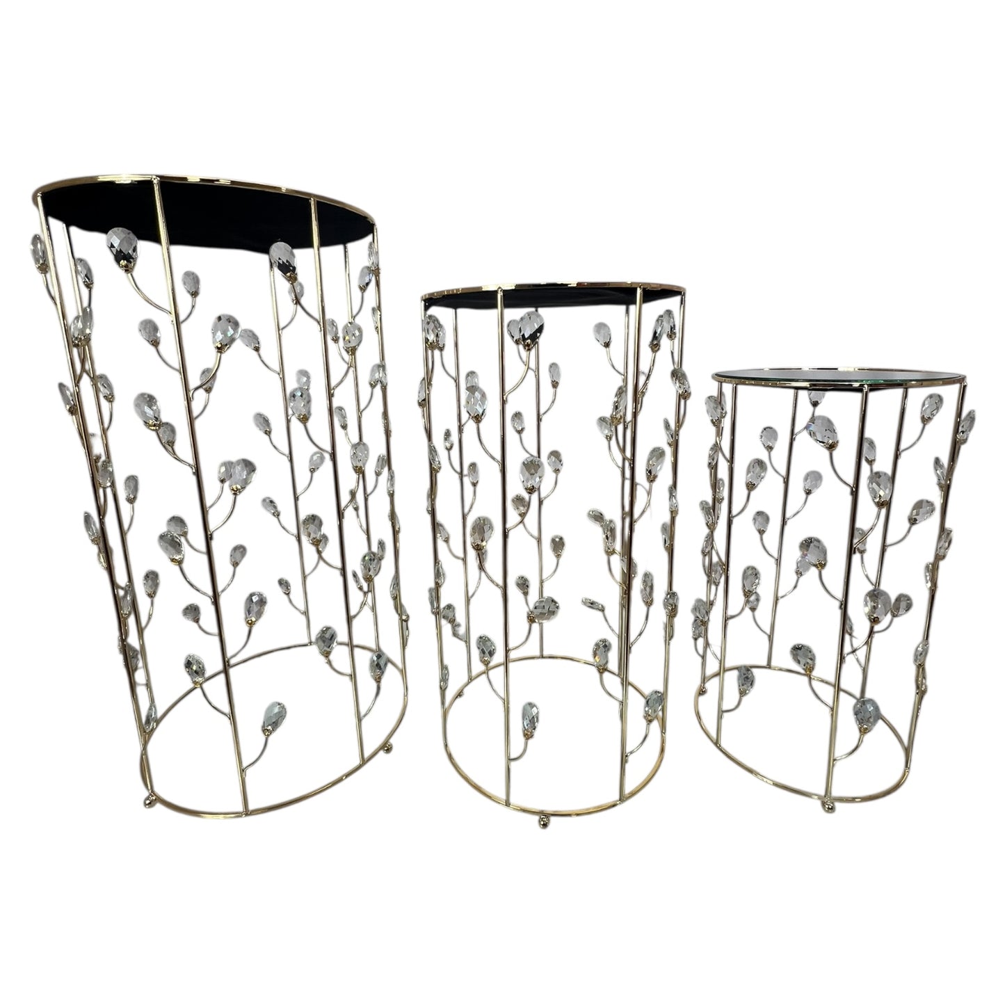 ✨ Set de 3 Mesas Decorativas de Lujo – Dorado con Cristales y Superficie de Espejo 🪞