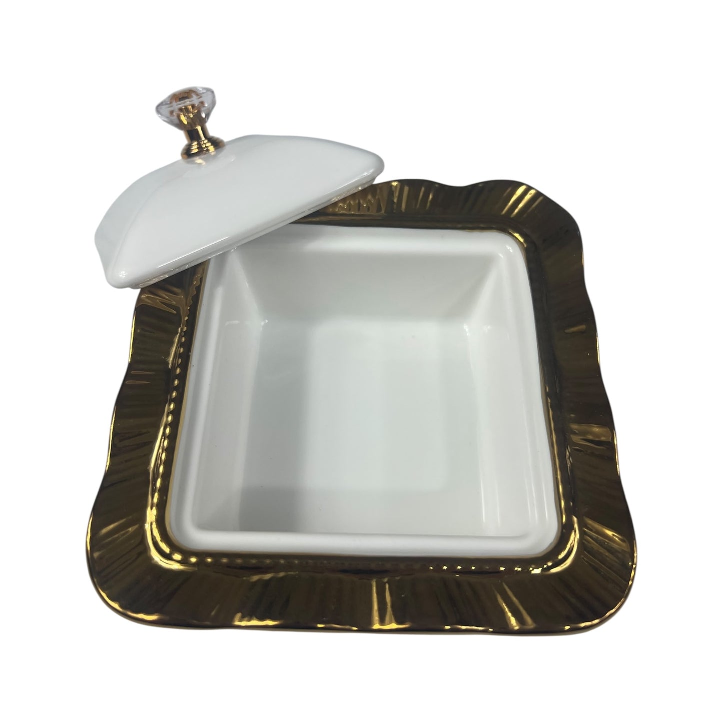 Conjunto de 4 Recipientes com Tampa e Bandeja Dourada – Design Onda com Puxador de Cristal