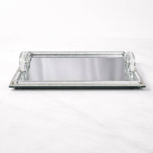 Tabuleiro Decorativo de Cristal com Base de Espelho e Puxadores de Cristal – Tabuleiro Elegante para Decoração ou Serviço