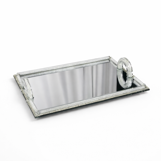 Bandeja Decorativa de Cristal con Base de Espejo y Asas de Cristal – Elegante Bandeja para Decoración o Servicio