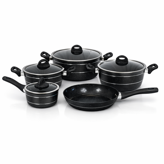 🖤 Bateria de Cozinha Antiaderente Premium 9 Peças – Acabamento Granito Preto com Tampas de Vidro
