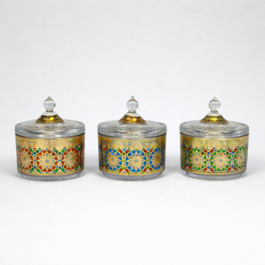 Set de 3 Frascos Decorativos de Vidrio con Diseño Mosaico Dorado – Estilo Árabe Elegante