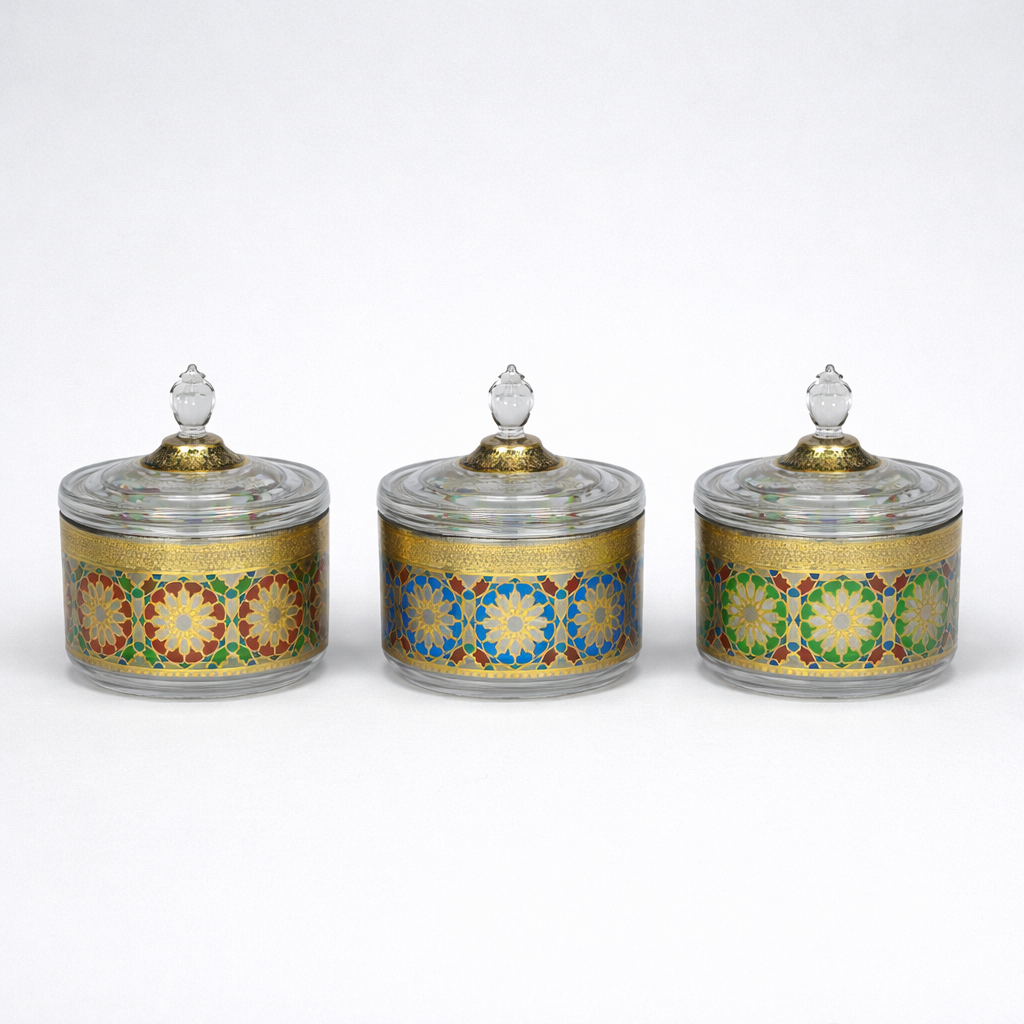 Set de 3 Frascos Decorativos de Vidrio con Diseño Mosaico Dorado – Estilo Árabe Elegante