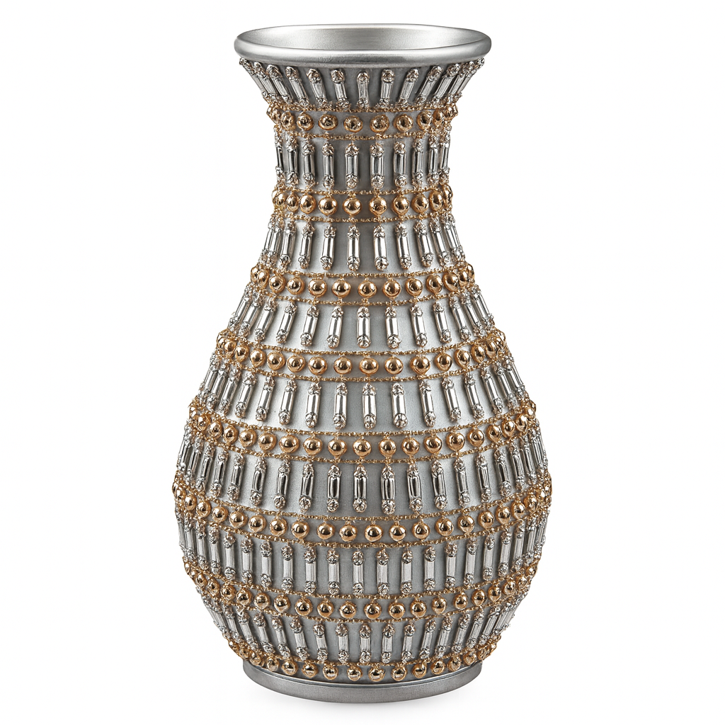 Jarrón Decorativo de Lujo Plateado con Detalles Dorados – 27 cm