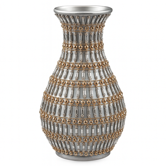 Jarrón Decorativo de Lujo Plateado con Detalles Dorados – 27 cm