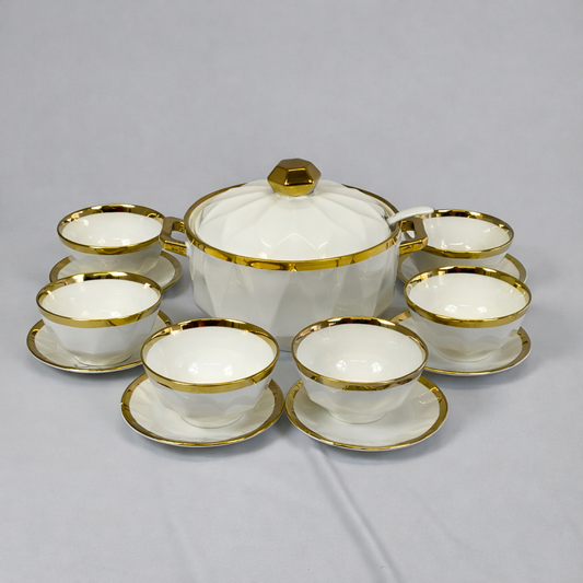 Conjunto de Sopas de Porcelana Branca com Borda Dourada – Conjunto Premium de 7 Peças