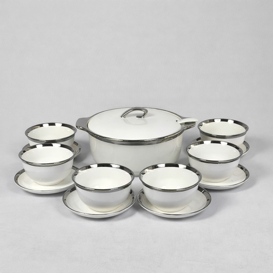🥣 Conjunto de Sopas de Porcelana Premium com Borda Prateada