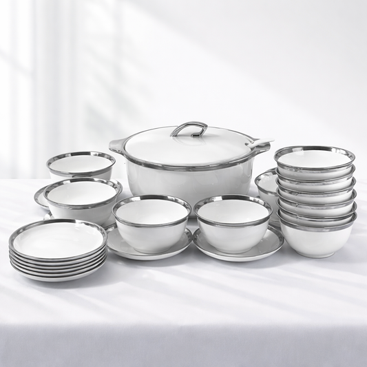 🍽️ Juego de Vajilla Elegante 24 Piezas Blanco con Detalles Plateados ✨2,7L