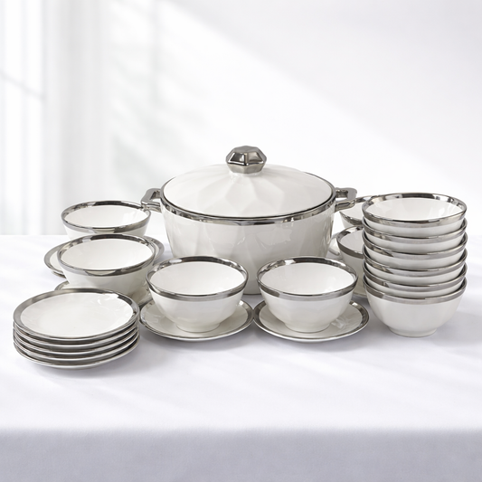 ✨ Premium 24-Piece White Dinnerware Set with Silver Rim ✨