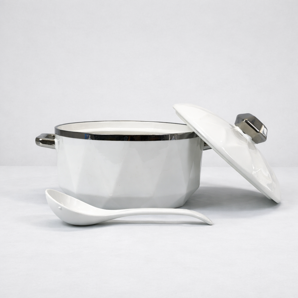 🍵 Juego de Sopera y Tazas de Porcelana Blanca con Borde Plateado – 2,7L-Set Elegante 7 Piezas