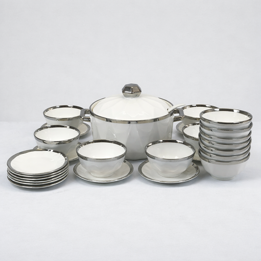 ✨ Conjunto de jantar premium de 24 peças em branco com rebordo prateado ✨