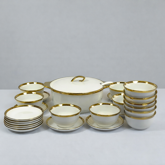 Serviço de jantar branco premium com detalhes dourados – Conjunto completo e elegante em porcelana