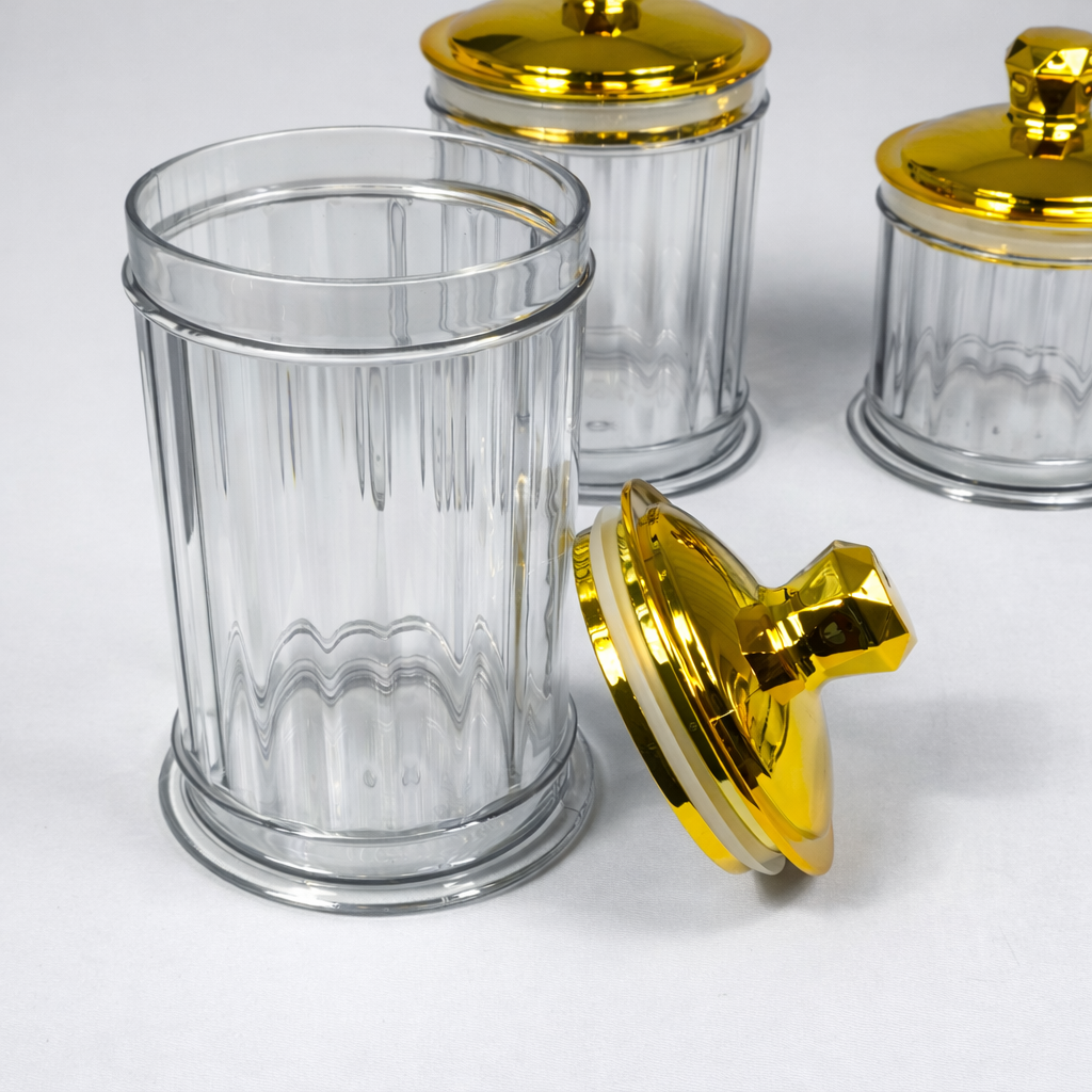 Set de Frascos de Plástico con Tapa Dorada Hermética – 3 Tamaños