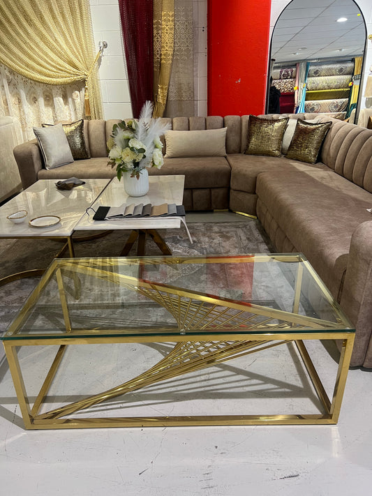 Mesa de centro de cristal y patas acero inoxidable dorado