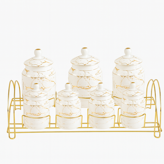 Set de 7 Botes de Cocina Mármol Blanco con Detalles Dorados – Elegancia y Orden
