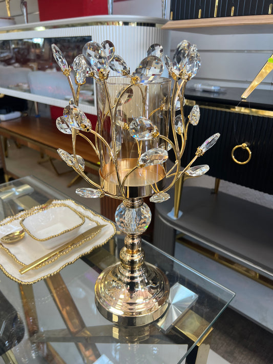 Elegante porta-velas com flores de cristal dourado