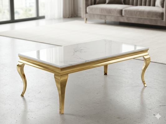 Mesa de centro mármol blanco patas acero inoxidable dorado