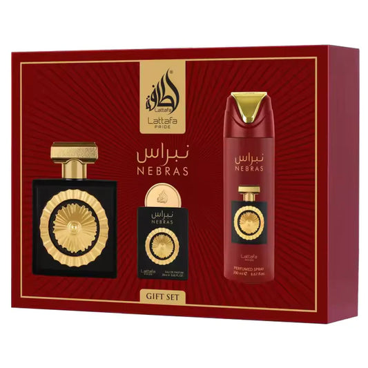 🎁 Set de Regalo Lattafa Nebras – Agua de Perfume 100 ml + Spray Perfumado 200 ml + Mini Agua de Perfume 20 ml