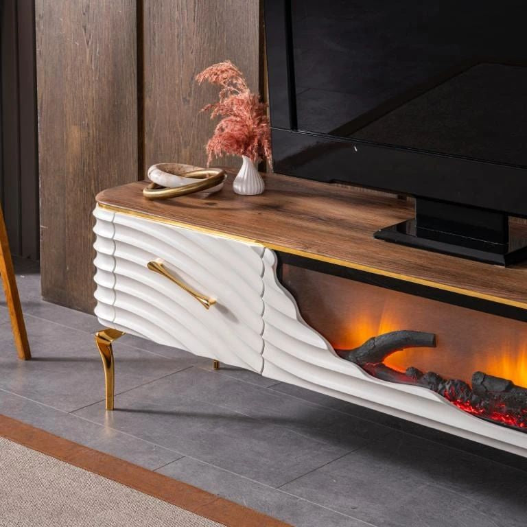 Mesa de TV con chimenea digital - BLANCO BASE DE MADERA CON DETALLES EN DORADO