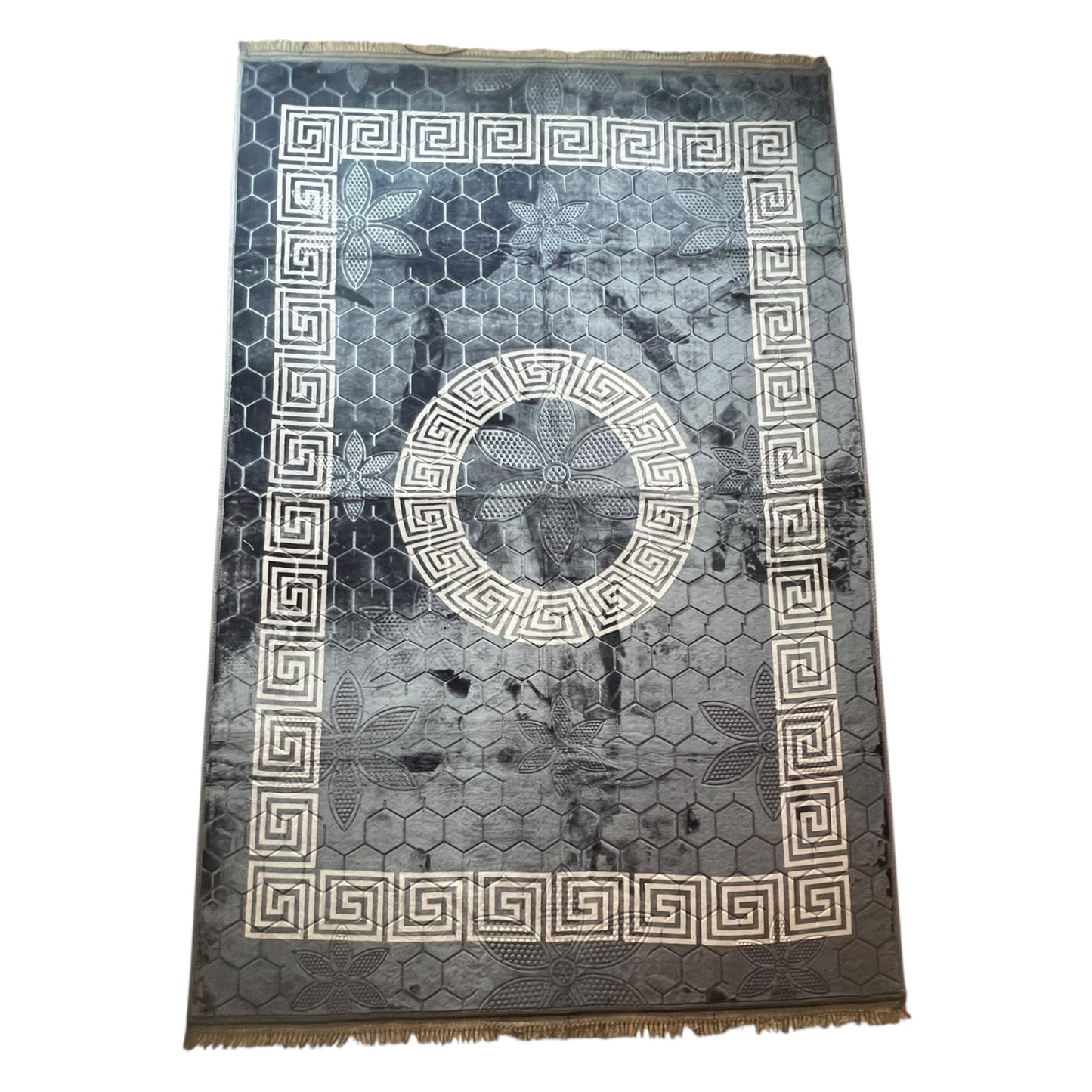 Alfombra Clásica Gris con Cenefa Negra de Inspiración Oriental – Estilo Árabe