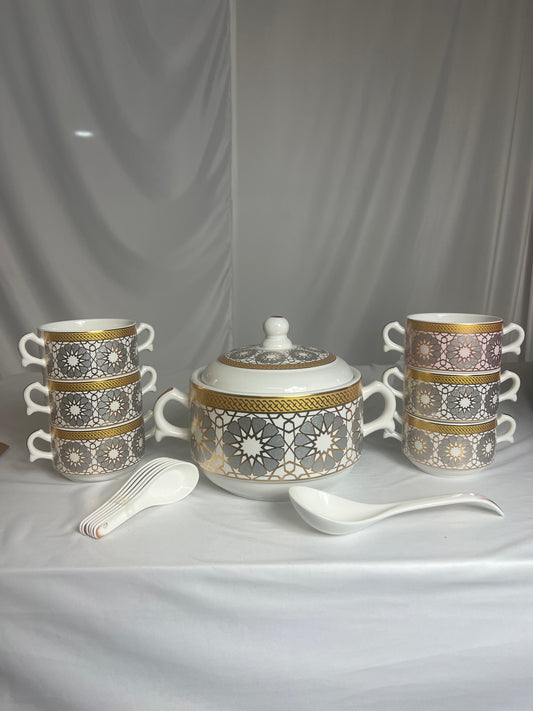 Juego de Sopa Oriental – Tazón Grande con 6 Bowls, Platos y Cucharas (Diseño Tradicional Asiático)