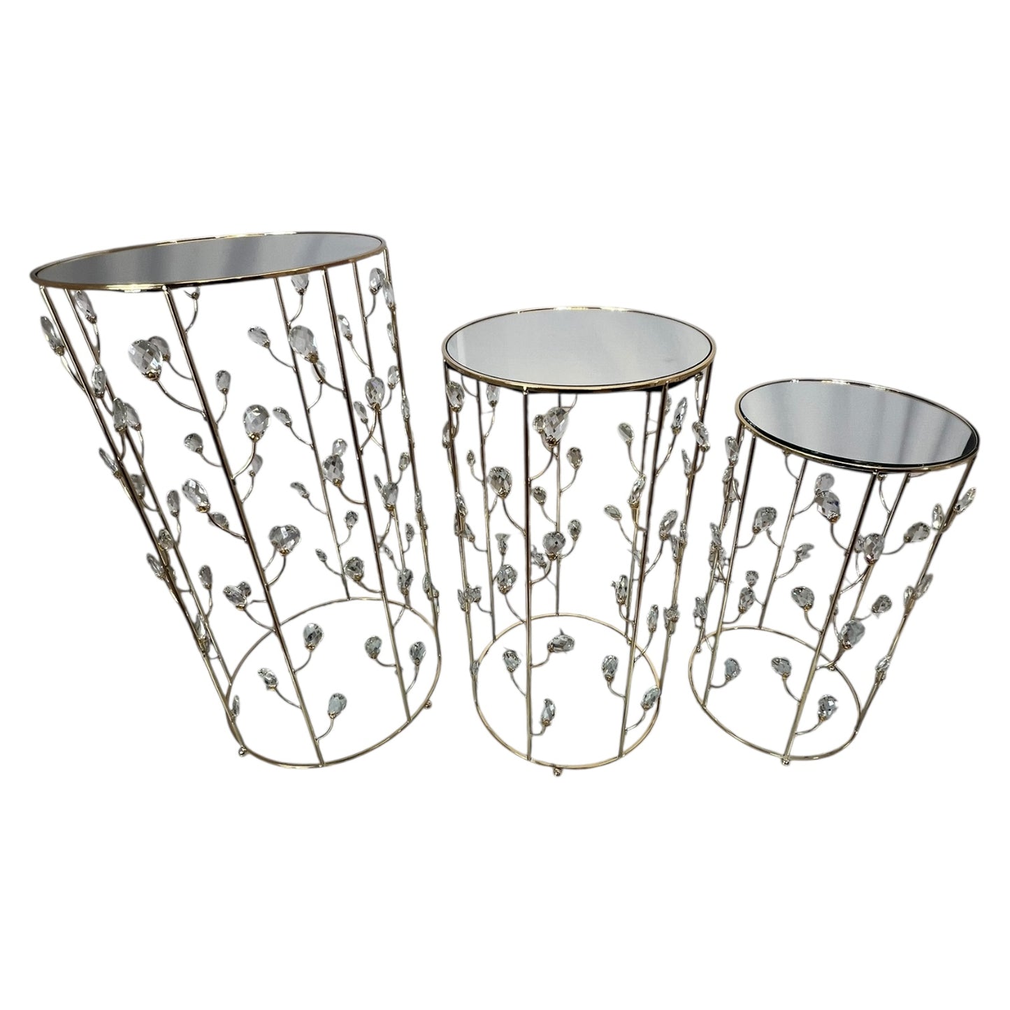 ✨ Set de 3 Mesas Decorativas de Lujo – Dorado con Cristales y Superficie de Espejo 🪞