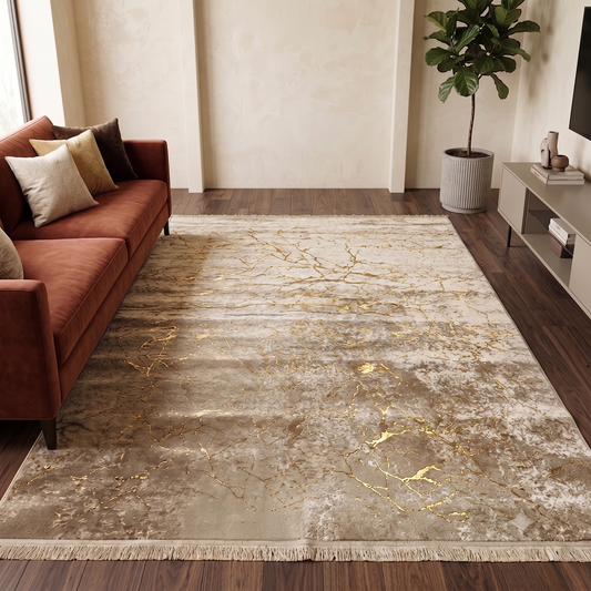 Alfombra de Salón Efecto Mármol 160x220 cm – Acabados Dorado o Plateado
