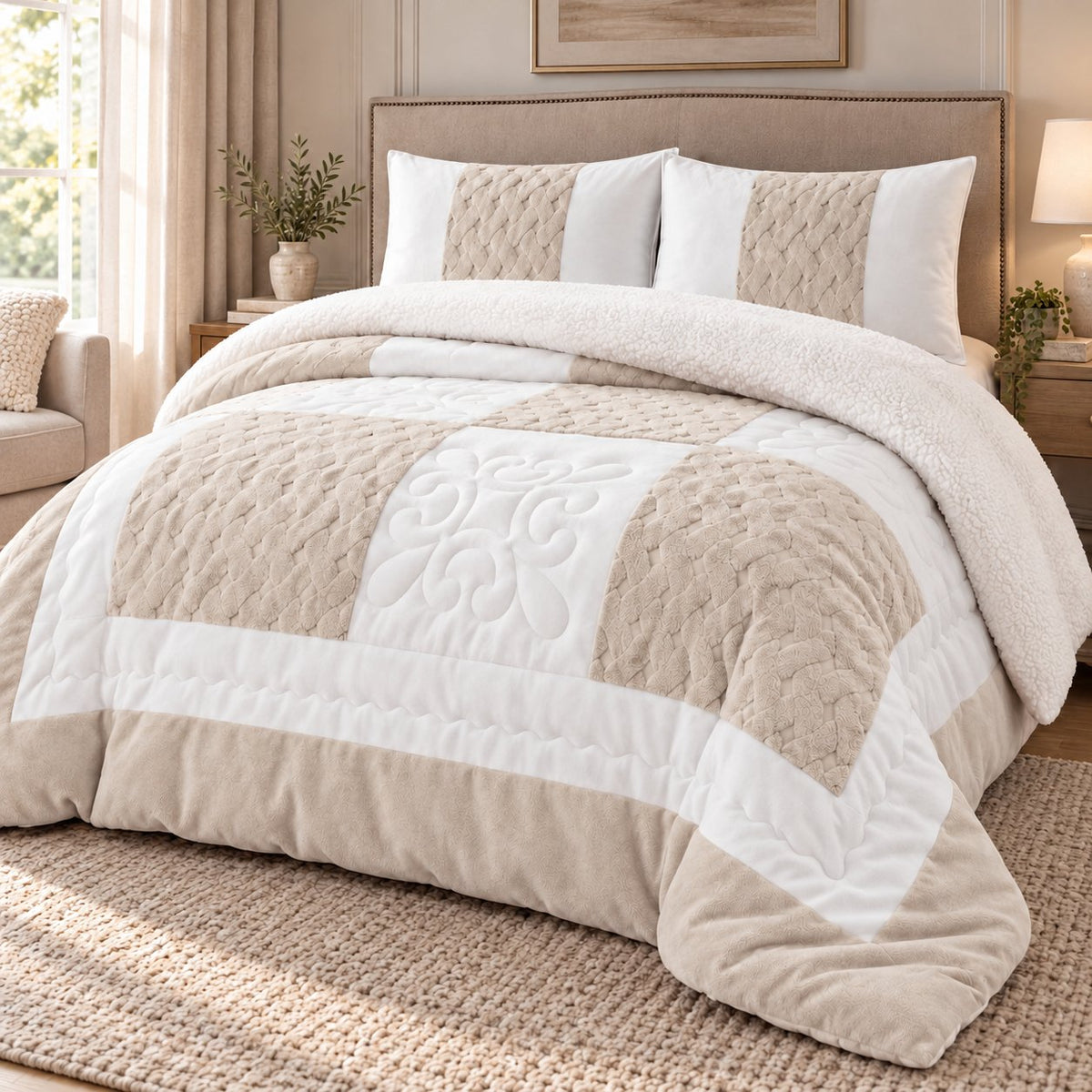 Edredón Trenza Imperial beige con reverso de borreguito blanco y dos fundas de almohada