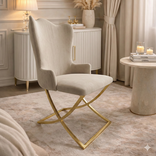 Silla terciopelo BELINDAV01 color beig claro, patas de metal dorado