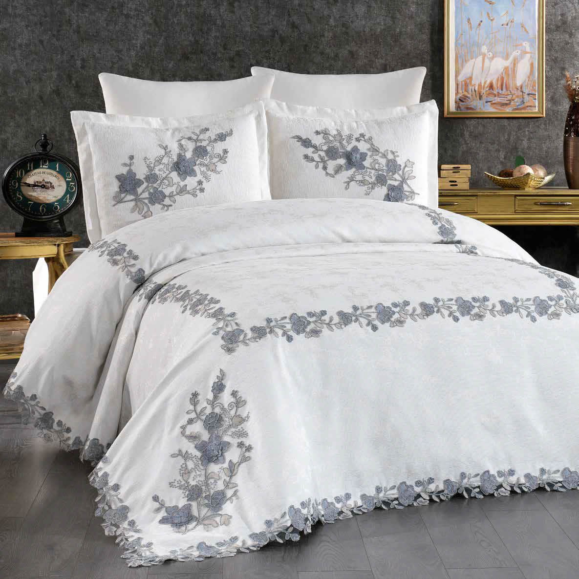 Juego de Cama de Lujo "Messina" – Elegancia Floral para tu Dormitorio - COLOR GRIS