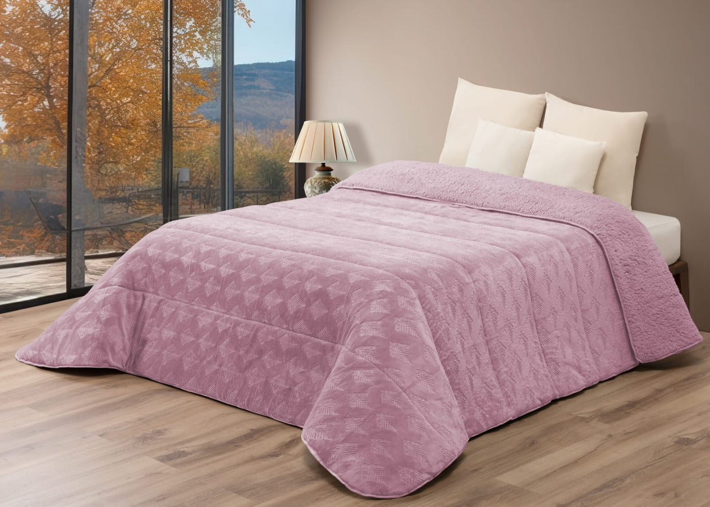 Edredón Comforter Polar con Sherpa COLOR ROSA – MODELO Hojas de Brisa - 240 x 260 cm (POLAR 16)