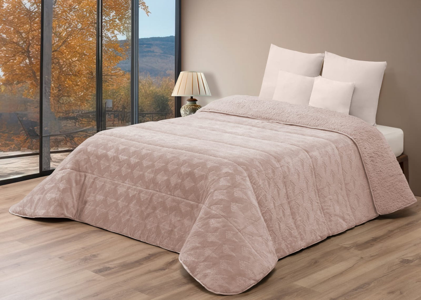 Edredón Comforter Polar con Sherpa COLOR BEIGE – MODELO Hojas de Brisa - 240 x 260 cm (POLAR 16)
