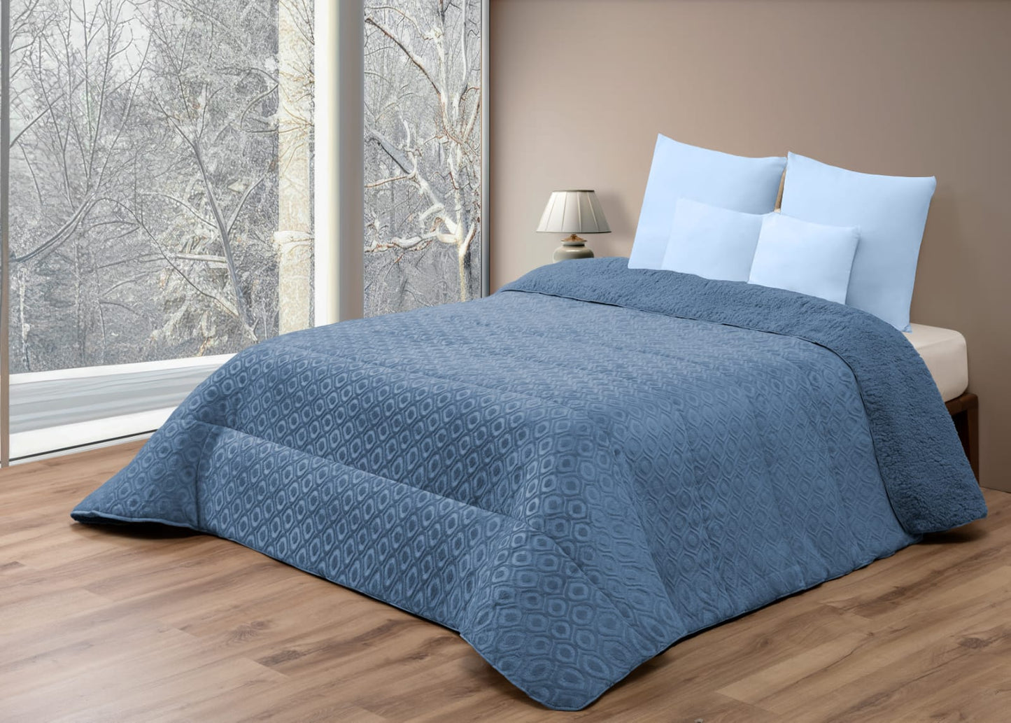 Edredón Comforter Polar con Sherpa COLOR azul grisáceo 🩵🩶 – MODELO Ondas de Cristal - 240 x 260 cm (POLAR 15)