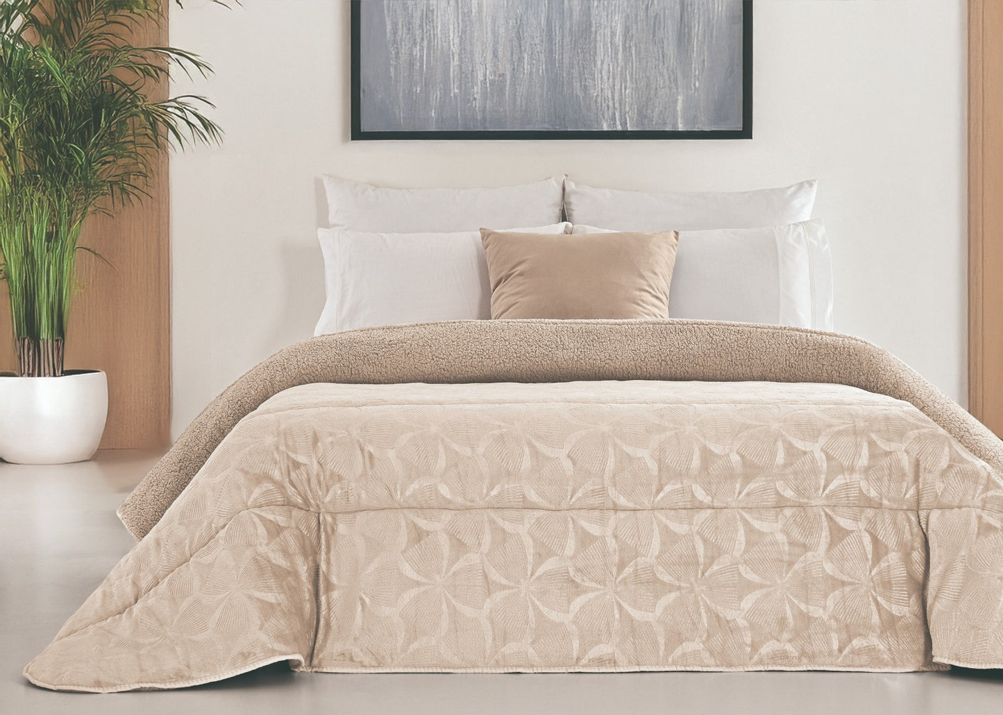 Edredón Comforter Polar con Sherpa COLOR BEIGE – Modelo Triangulo - 240 x 260 cm (POLAR 19)