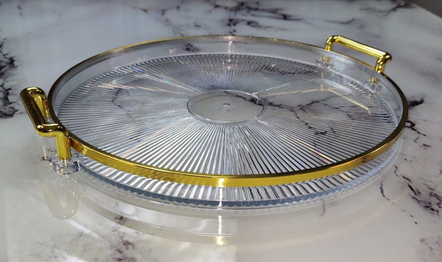 🟠 Bandeja Redonda con Asas Doradas – Elegancia para Servir o Decorar - Plástico TRANSPARENTE