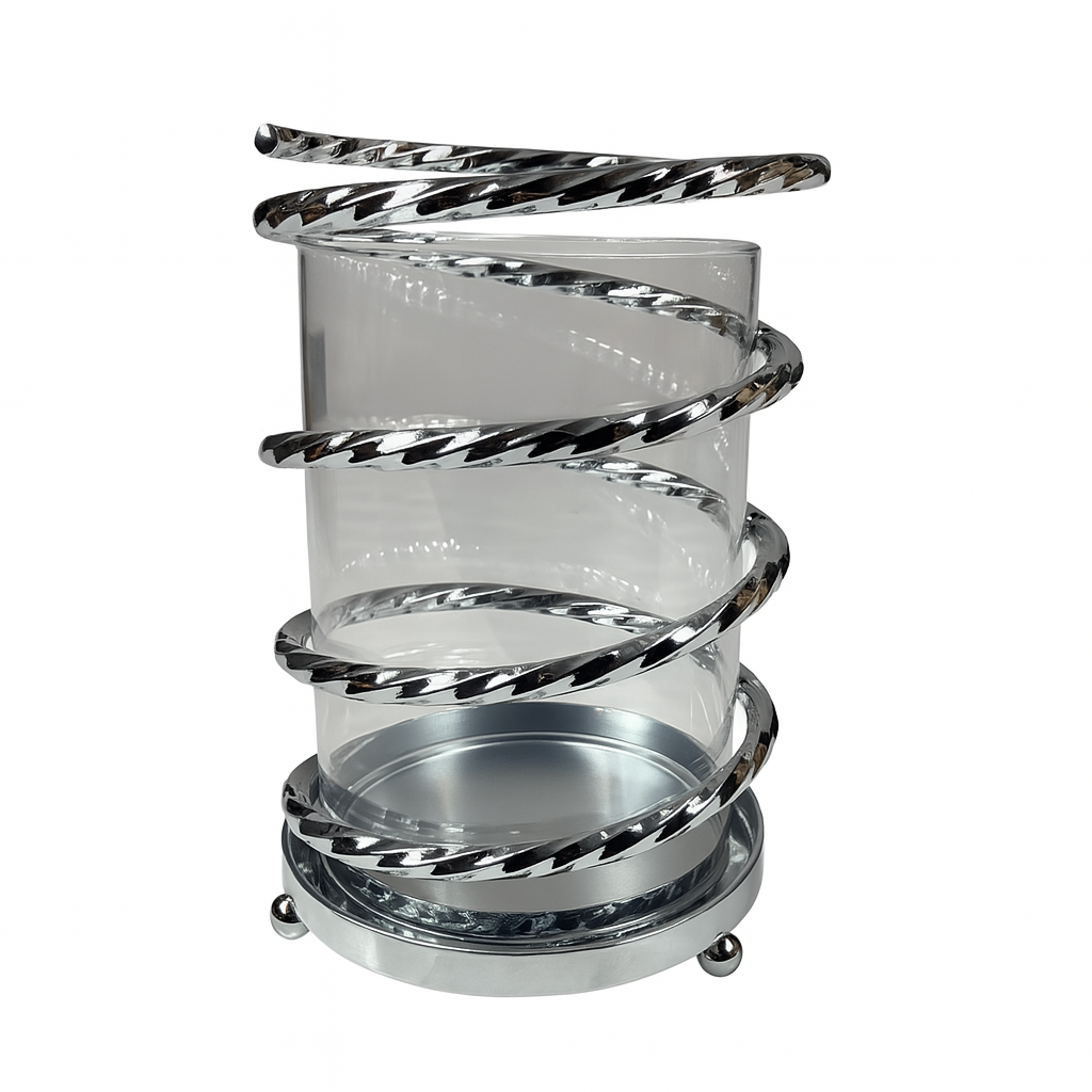 Porta-copos espiral de vidro prateado (modelo transparente)