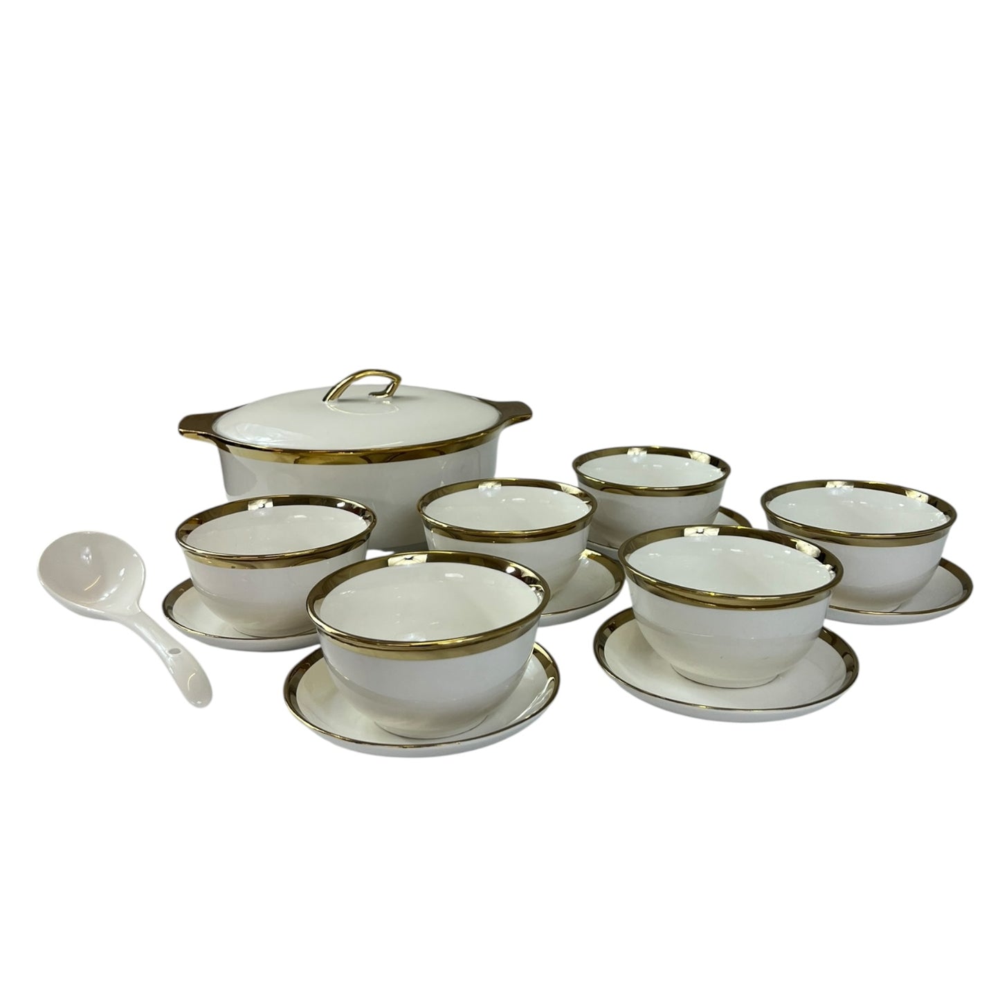 Set de Sopa Blanco con Bordes Dorados – 15 Piezas Elegancia Total