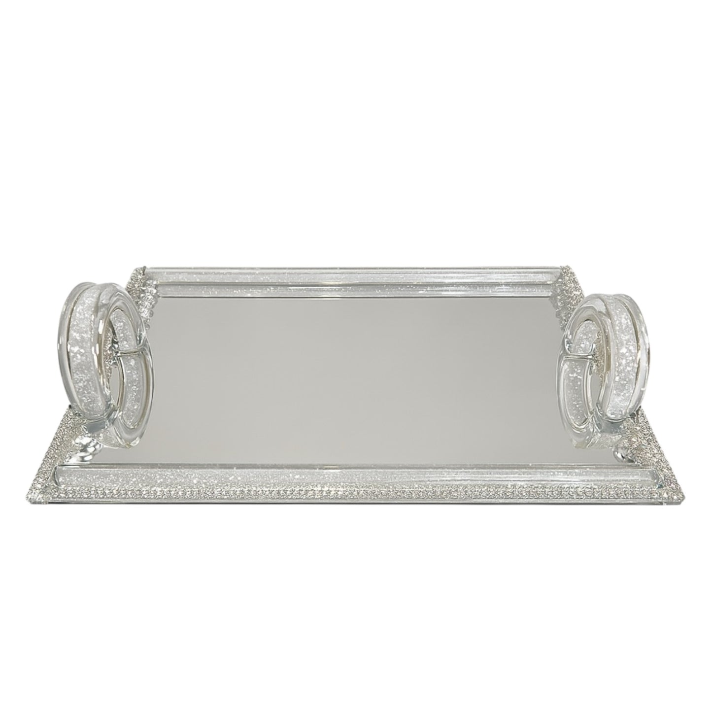 Bandeja Espejo Plateada con Asas de Cristal – 35x24 cm de Lujo Moderno